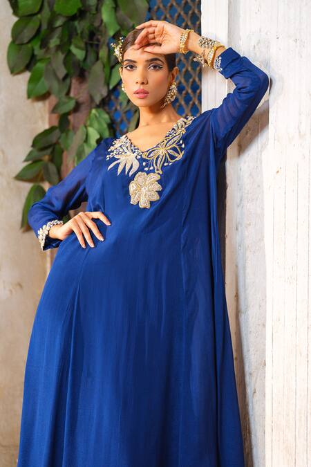 Anu Pellakuru_Blue Chiffon, Crepe, Faux Leather, Silk Glass And Embroidered Tunic Pant Set _Online_at_Aza_Fashions
