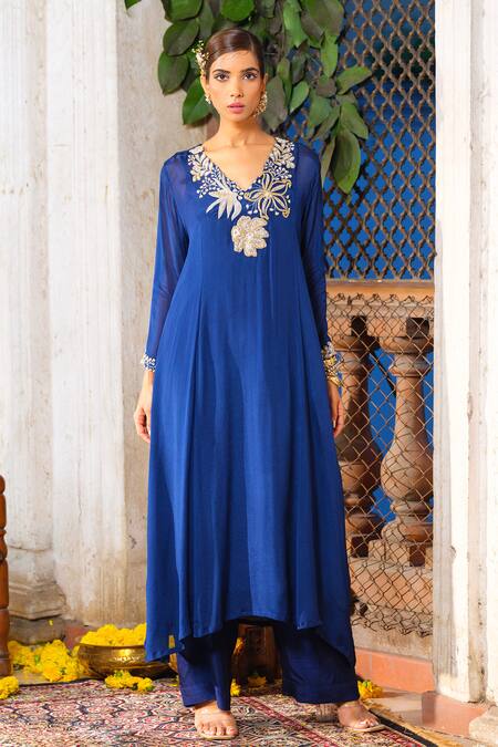 Buy_Anu Pellakuru_Blue Chiffon, Crepe, Faux Leather, Silk Glass And Embroidered Tunic Pant Set _Online_at_Aza_Fashions