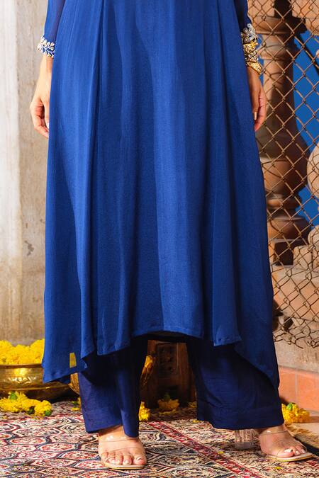 Shop_Anu Pellakuru_Blue Chiffon, Crepe, Faux Leather, Silk Glass And Embroidered Tunic Pant Set _Online_at_Aza_Fashions