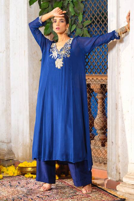 Anu Pellakuru_Blue Chiffon, Crepe, Faux Leather, Silk Glass And Embroidered Tunic Pant Set _at_Aza_Fashions