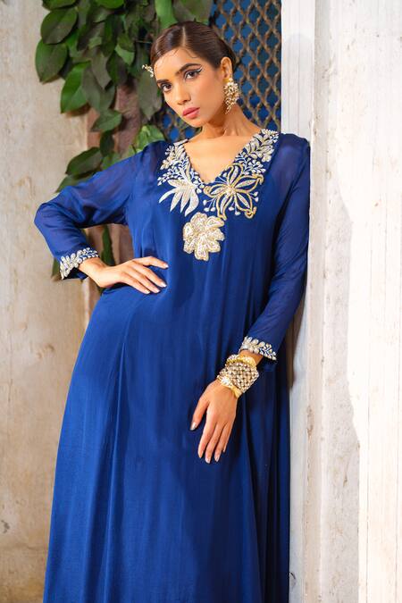 Buy_Anu Pellakuru_Blue Chiffon, Crepe, Faux Leather, Silk Glass And Embroidered Tunic Pant Set 