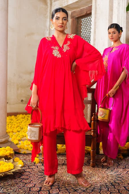 Shop_Anu Pellakuru_Red Chiffon, Silk Pearls, Beads V-neck Glass And Embroidered Tunic Pant Set _at_Aza_Fashions