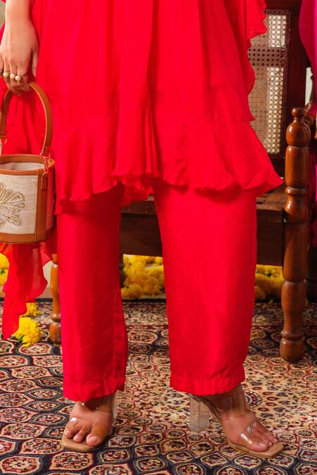Anu Pellakuru Red Chiffon, Silk Pearls, Beads V-neck Glass And Embroidered Tunic Pant Set Online at Aza Fashions Anu Pellakuru_Red Chiffon, Silk Pearls, Beads V-neck Glass And Embroidered Tunic Pant Set _Online_at_Aza_Fashions