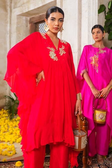Buy_Anu Pellakuru_Red Chiffon, Silk Pearls, Beads V-neck Glass And Embroidered Tunic Pant Set _Online_at_Aza_Fashions