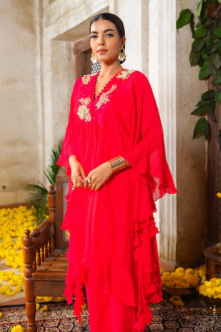 Shop_Anu Pellakuru_Red Chiffon, Silk Pearls, Beads V-neck Glass And Embroidered Tunic Pant Set _Online_at_Aza_Fashions