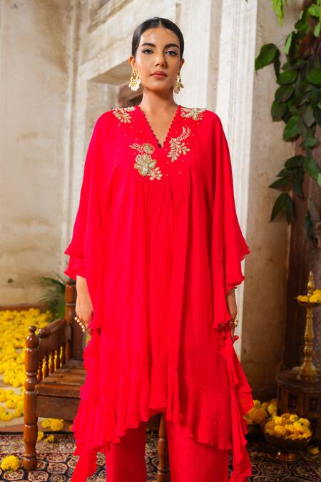 Anu Pellakuru_Red Chiffon, Silk Pearls, Beads V-neck Glass And Embroidered Tunic Pant Set _at_Aza_Fashions