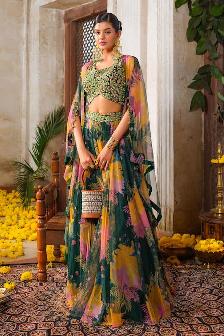 Anu Pellakuru_Green Silk, Net Pearls, Cut Work Round Neck Floral Print Embroidered Lehenga Set _Online_at_Aza_Fashions