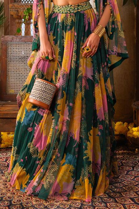 Buy_Anu Pellakuru_Green Silk, Net Pearls, Cut Work Round Neck Floral Print Embroidered Lehenga Set _Online_at_Aza_Fashions