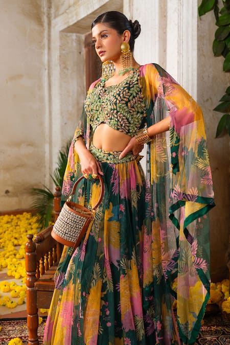 Shop_Anu Pellakuru_Green Silk, Net Pearls, Cut Work Round Neck Floral Print Embroidered Lehenga Set _Online_at_Aza_Fashions