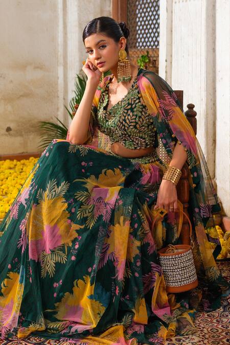Anu Pellakuru_Green Silk, Net Pearls, Cut Work Round Neck Floral Print Embroidered Lehenga Set _at_Aza_Fashions