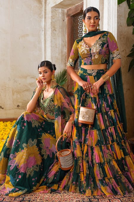 Buy_Anu Pellakuru_Green Silk, Net Pearls, Cut Work Round Neck Floral Print Embroidered Lehenga Set 