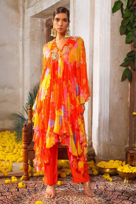 Anu Pellakuru_Orange Chiffon, Crepe, Silk Cut Work, Ruffled Embroidered Tunic Pant Set _Online_at_Aza_Fashions
