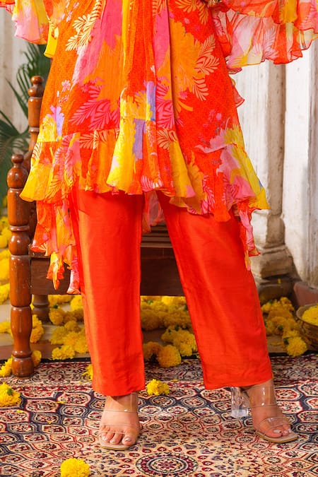 Buy Anu Pellakuru Orange Chiffon, Crepe, Silk Cut Work, Ruffled Embroidered Tunic Pant Set Online at Aza Fashions Buy_Anu Pellakuru_Orange Chiffon, Crepe, Silk Cut Work, Ruffled Embroidered Tunic Pant Set _Online_at_Aza_Fashions