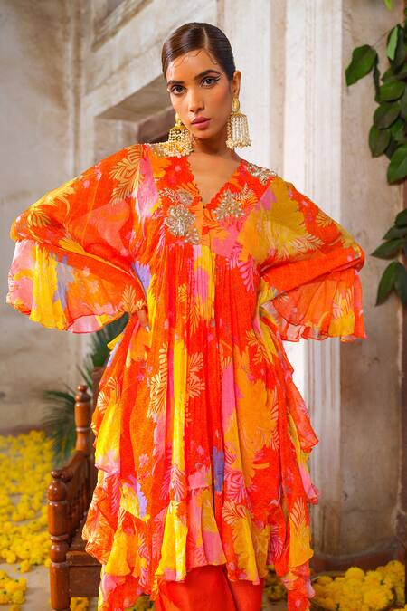 Shop_Anu Pellakuru_Orange Chiffon, Crepe, Silk Cut Work, Ruffled Embroidered Tunic Pant Set _Online_at_Aza_Fashions