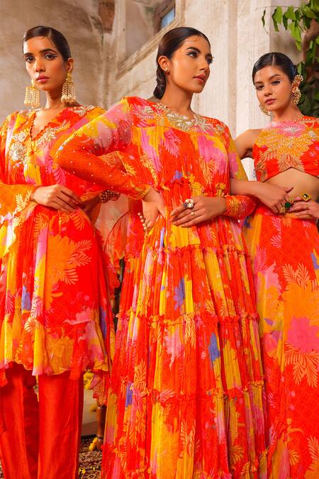 Anu Pellakuru_Orange Chiffon, Crepe, Silk Cut Work, Ruffled Embroidered Tunic Pant Set _at_Aza_Fashions