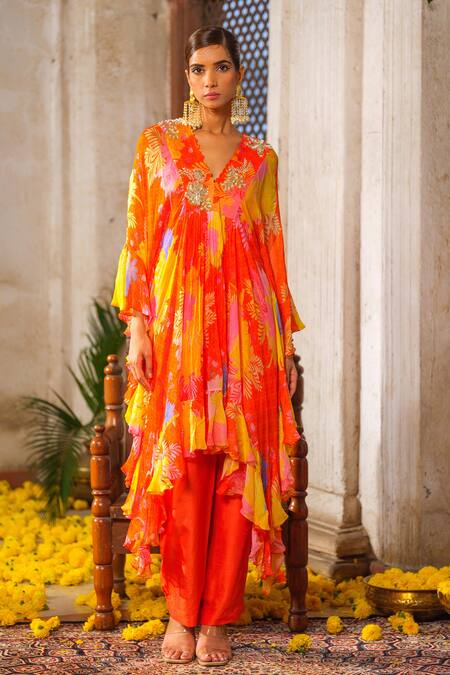 Buy_Anu Pellakuru_Orange Chiffon, Crepe, Silk Cut Work, Ruffled Embroidered Tunic Pant Set 