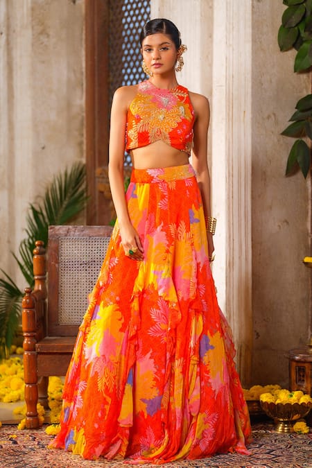 Anu Pellakuru Orange Chiffon Printed Floral Round Embroidered Blouse And Lehenga Set 