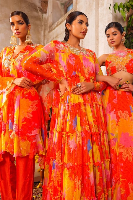 Anu Pellakuru_Orange Chiffon Zari, Pearls, Cut Floral Print Embroidered Blouse And Lehenga Set _Online_at_Aza_Fashions