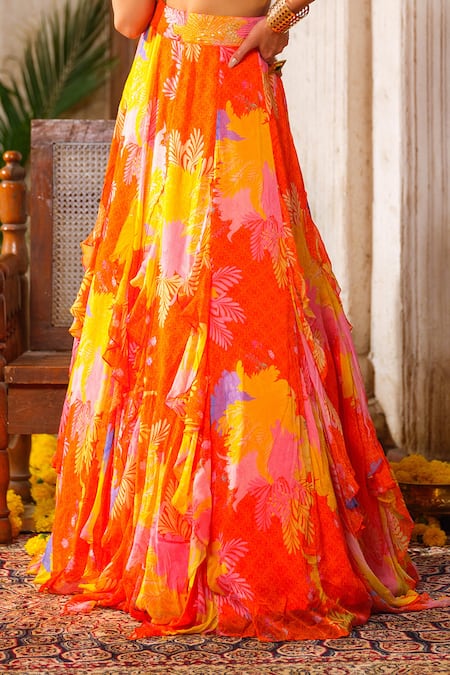 Buy_Anu Pellakuru_Orange Chiffon Zari, Pearls, Cut Floral Print Embroidered Blouse And Lehenga Set _Online_at_Aza_Fashions