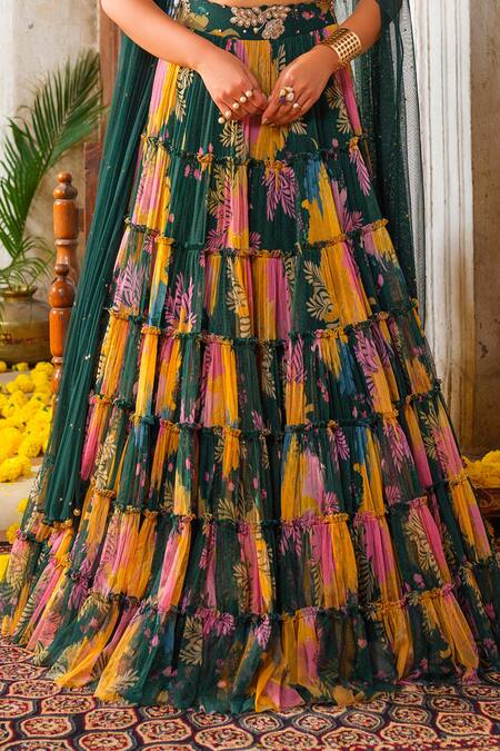 Anu Pellakuru_Green Net Pearls, Cut Work, Tassels Floral Print Tiered Embroidered Lehenga Set _Online_at_Aza_Fashions
