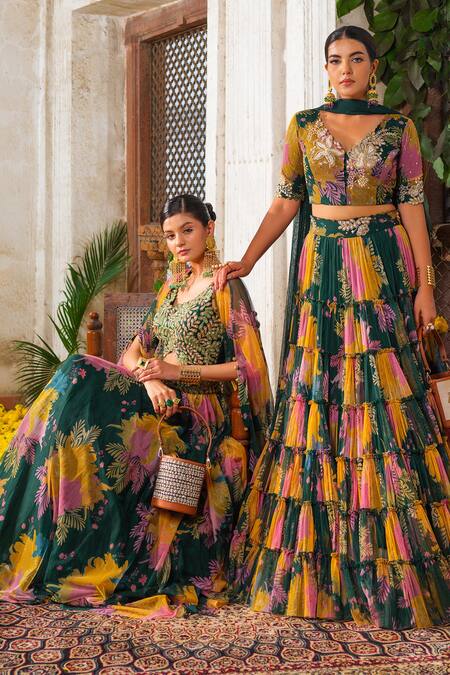Buy_Anu Pellakuru_Green Net Pearls, Cut Work, Tassels Floral Print Tiered Embroidered Lehenga Set _Online_at_Aza_Fashions
