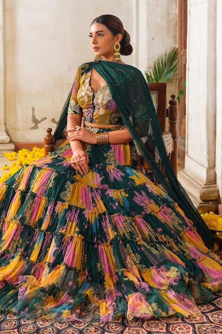 Buy_Anu Pellakuru_Green Net Pearls, Cut Work, Tassels Floral Print Tiered Embroidered Lehenga Set 