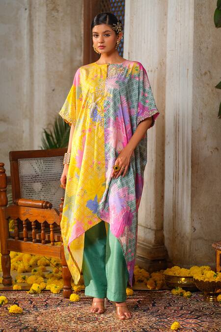 Anu Pellakuru_Green Crepe, Silk Pearls, Cut Work, Tassels Printed Asymmetric Tunic And Pant Set _Online_at_Aza_Fashions