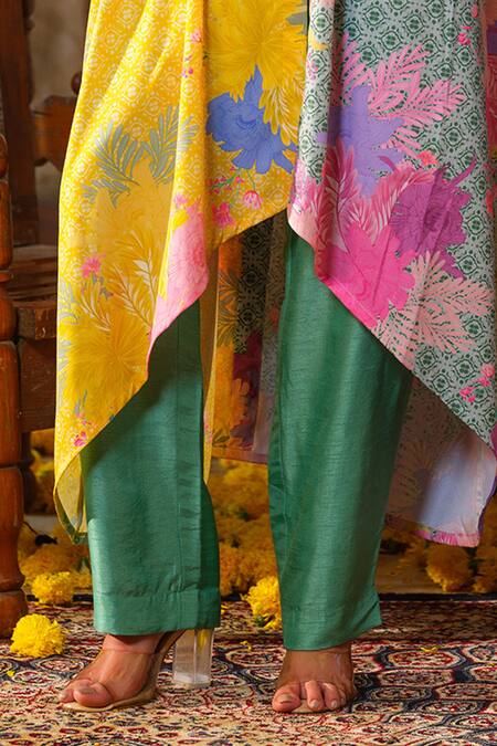 Buy Anu Pellakuru Green Crepe, Silk Pearls, Cut Work, Tassels Printed Asymmetric Tunic And Pant Set Online at Aza Fashions Buy_Anu Pellakuru_Green Crepe, Silk Pearls, Cut Work, Tassels Printed Asymmetric Tunic And Pant Set _Online_at_Aza_Fashions