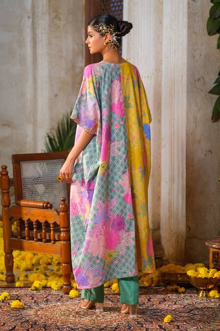 Anu Pellakuru Green Crepe, Silk Pearls, Cut Work, Tassels Printed Asymmetric Tunic And Pant Set at Aza Fashions Anu Pellakuru_Green Crepe, Silk Pearls, Cut Work, Tassels Printed Asymmetric Tunic And Pant Set _at_Aza_Fashions