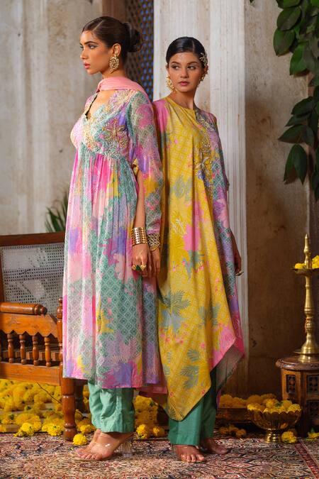 Shop_Anu Pellakuru_Green Crepe, Silk Pearls, Cut Work, Tassels Printed Asymmetric Tunic And Pant Set 