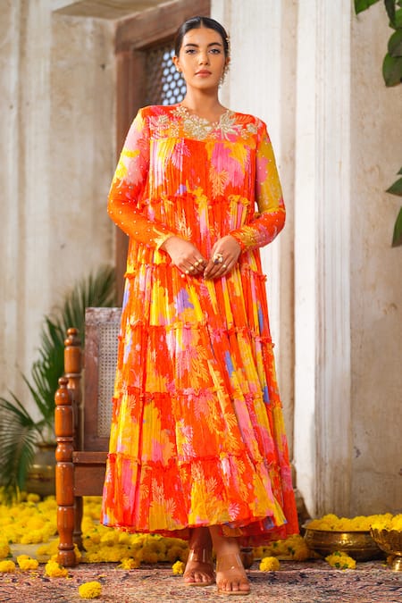 Anu Pellakuru Orange Chiffon Printed Floral Round Cutwork Embroidered Gown 