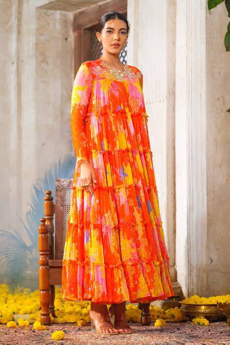 Anu Pellakuru_Orange Chiffon Pearls, Tassels Round Neck Floral Print Embroidered Gown _Online_at_Aza_Fashions