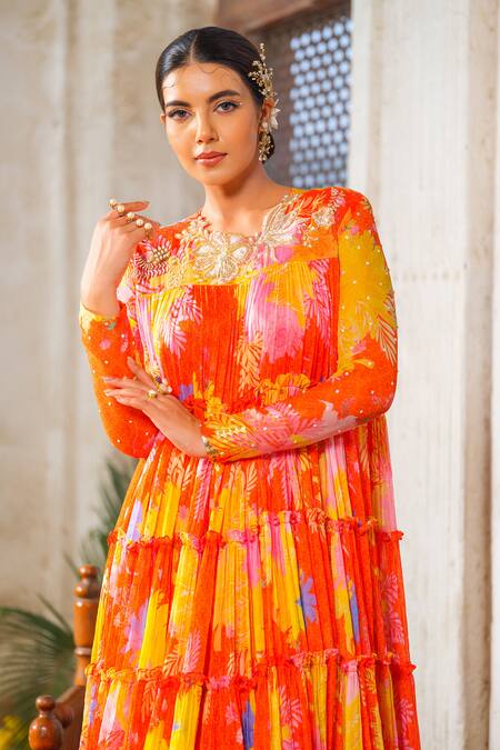Buy_Anu Pellakuru_Orange Chiffon Pearls, Tassels Round Neck Floral Print Embroidered Gown _Online_at_Aza_Fashions