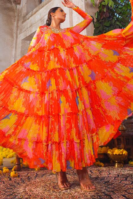 Shop_Anu Pellakuru_Orange Chiffon Pearls, Tassels Round Neck Floral Print Embroidered Gown _Online_at_Aza_Fashions