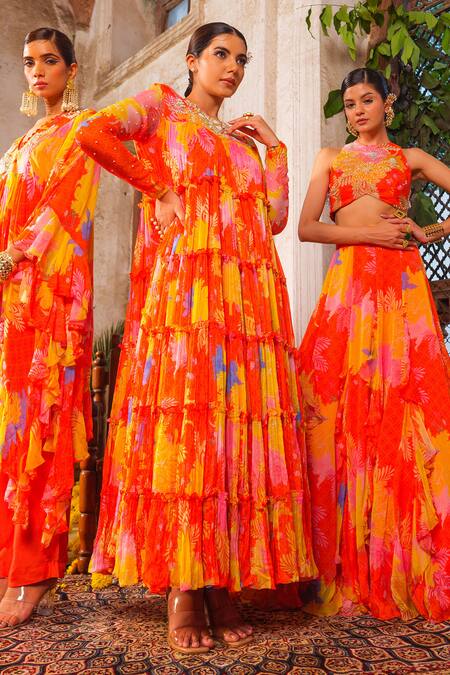 Anu Pellakuru_Orange Chiffon Pearls, Tassels Round Neck Floral Print Embroidered Gown _at_Aza_Fashions