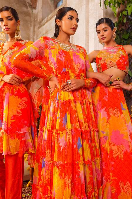 Buy_Anu Pellakuru_Orange Chiffon Pearls, Tassels Round Neck Floral Print Embroidered Gown 