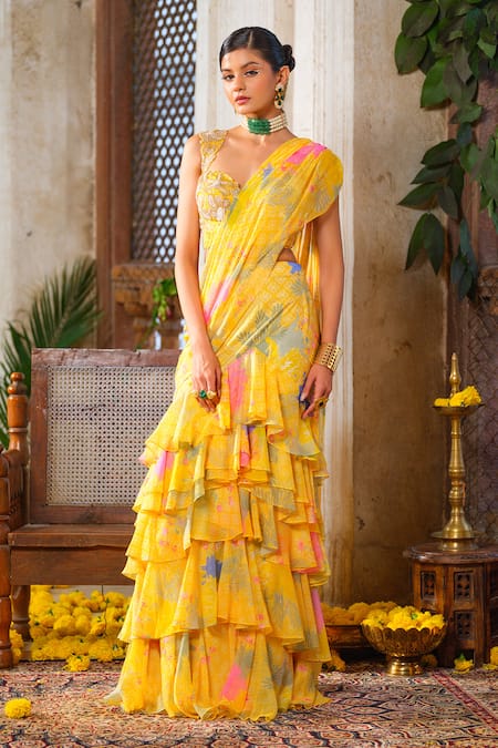 Anu Pellakuru Yellow Saree Chiffon And American Crepe Printed Ruffled Pre-draped With Blouse 