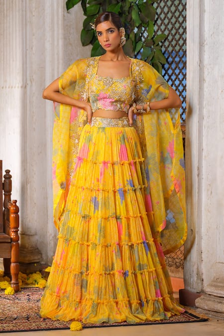 Anu Pellakuru Printed Frill Tiered Lehenga Set 