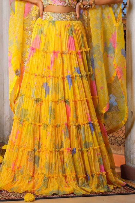 Anu Pellakuru_Yellow Chiffon Pearls, Cut Work Scoop Neck Printed Frill Tiered Lehenga Set _Online_at_Aza_Fashions