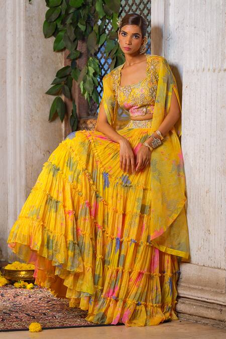 Buy_Anu Pellakuru_Yellow Chiffon Pearls, Cut Work Scoop Neck Printed Frill Tiered Lehenga Set _Online_at_Aza_Fashions
