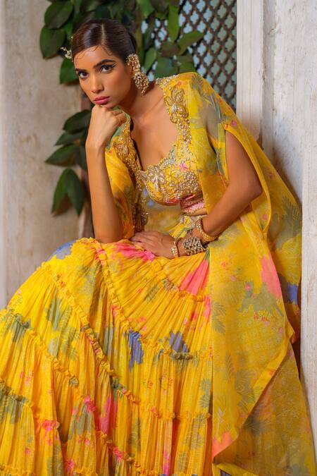 Shop_Anu Pellakuru_Yellow Chiffon Pearls, Cut Work Scoop Neck Printed Frill Tiered Lehenga Set _Online_at_Aza_Fashions