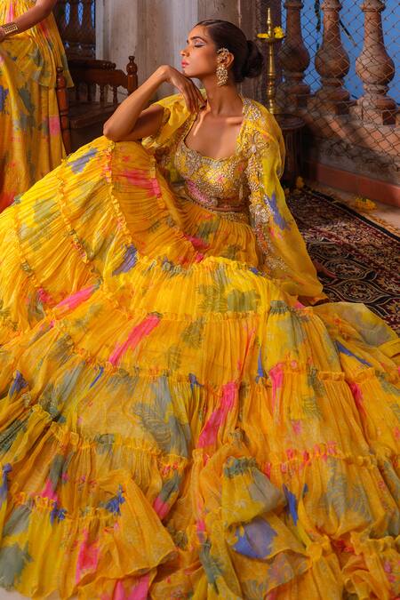 Anu Pellakuru_Yellow Chiffon Pearls, Cut Work Scoop Neck Printed Frill Tiered Lehenga Set _at_Aza_Fashions