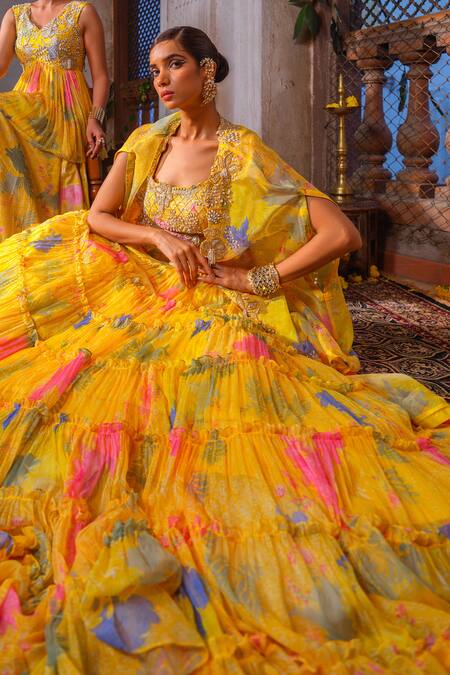 Buy_Anu Pellakuru_Yellow Chiffon Pearls, Cut Work Scoop Neck Printed Frill Tiered Lehenga Set 