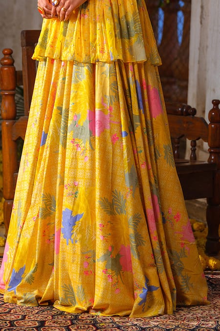Buy_Anu Pellakuru_Yellow Leatherette, Chiffon Pearls, Cut Work V-neck Floral Print Lehenga Set _Online_at_Aza_Fashions