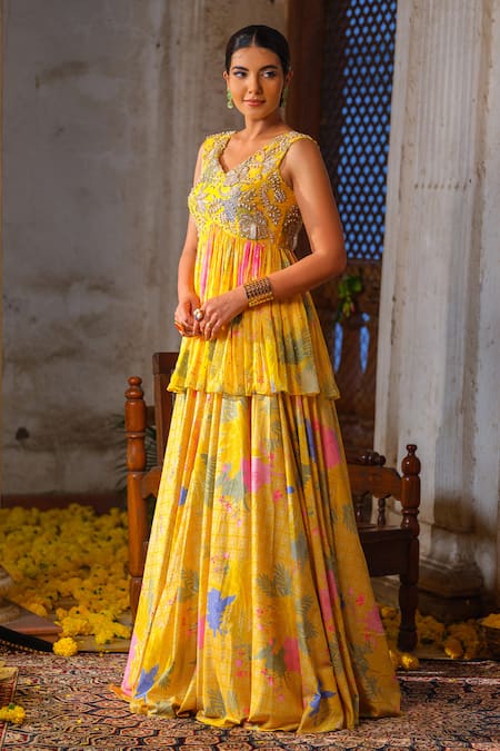 Shop_Anu Pellakuru_Yellow Leatherette, Chiffon Pearls, Cut Work V-neck Floral Print Lehenga Set _Online_at_Aza_Fashions