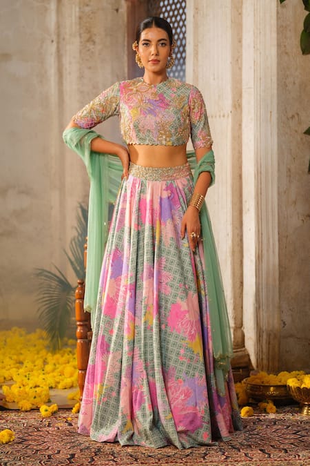 Anu Pellakuru Green Lehenga And Blouse American Crepe Printed Floral Round Embroidered Set 