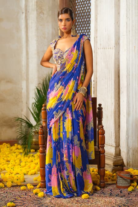 Anu Pellakuru Blue Saree Chiffon And Amaerican Crepe Pre-draped With Embroidered Blouse 