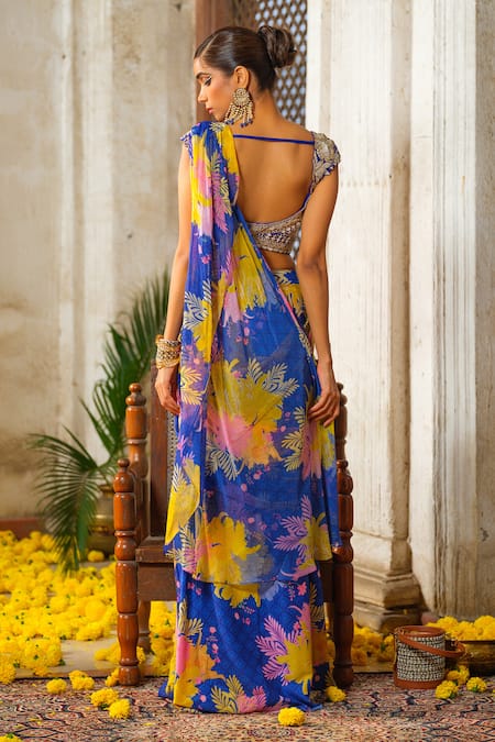 Anu Pellakuru Floral Print Pre-Draped Saree With Embroidered Blouse 