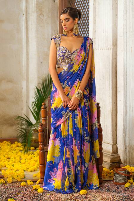 Buy_Anu Pellakuru_Blue Silk, Chiffon, Crepe Floral Print Pre-draped Saree With Embroidered Blouse _Online_at_Aza_Fashions