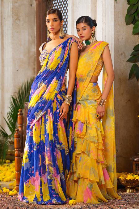 Anu Pellakuru_Blue Silk, Chiffon, Crepe Floral Print Pre-draped Saree With Embroidered Blouse _at_Aza_Fashions